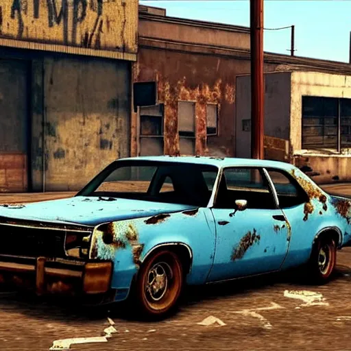 Prompt: A screenshot of a rusty, worn out, broken down, decrepit, run down, dingy, faded, chipped paint, tattered, beater 1976 Denim Blue Dodge Aspen in GTA V