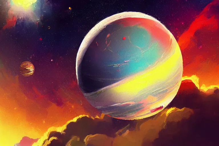 Image similar to a detailed painting of a marble like planet floating in space in a sea of colorful sea of stars, by alena aenami, petros afshar and greg rutkowski trending on artstation, deviantart, planet, clouds, earth, exoplanet, stars