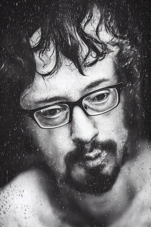 Prompt: portrait of Sam Hyde, close-up, sigma male, rule of thirds, award winning photo, highly detailed features, raining, ethereal lighting, nft backdrop, in the style of Ayami Kojima