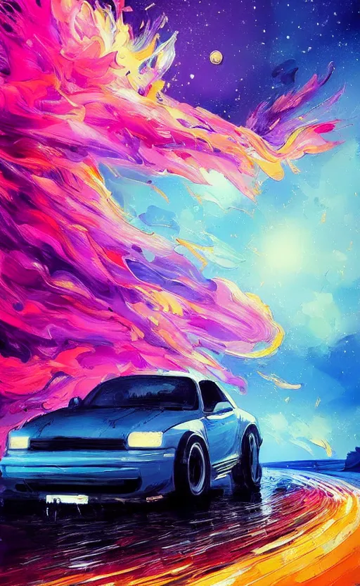 Prompt: a beautiful painting of a burning car, art of alena aenami, featured on artstation, vertical orientation, paint brush strokes, expressionism, brushstroke - laden, breathtaking clouds, birds, ocean, beautiful stars, long exposure, big moon radius, airy midnight theme, blue purple gradient, lens flare