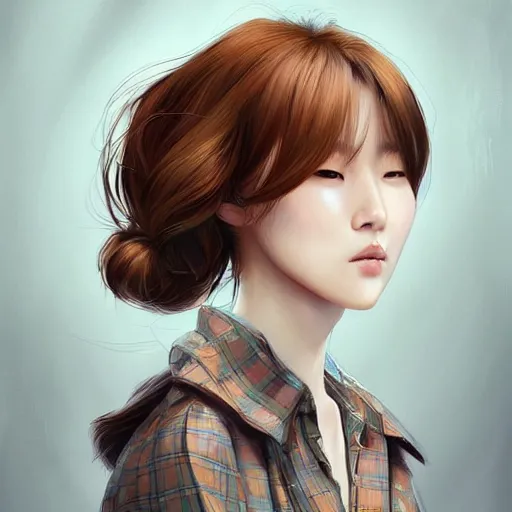 Prompt: a beautiful korean woman with hazel eyes and brown hair, wearing plaid pleat shorts and drawstring shirred tube top, stunning, highly detailed, digital painting, artstation, hard focus, art by artgerm and wlop