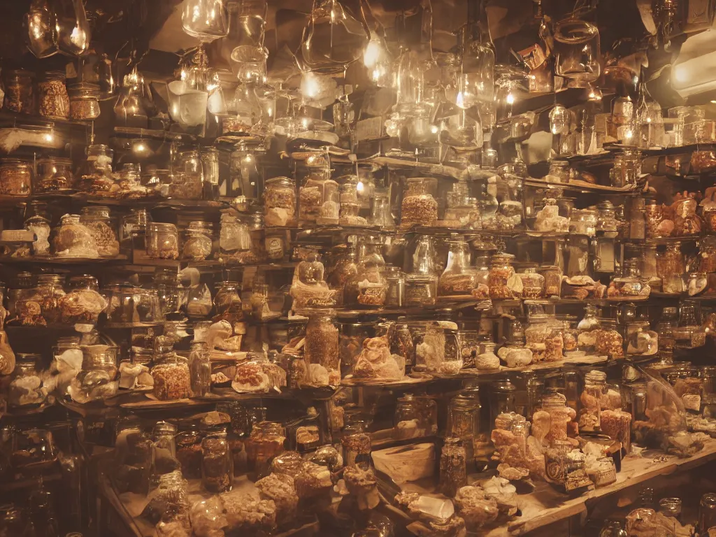 Prompt: Inside an old fashioned sweet shop, sweet jars on shelves, fantasy vendor interior, wide angle, cinematic, highly detailed, cinematic lighting , photorealistic, trending on cgsociety, trending on artstation
