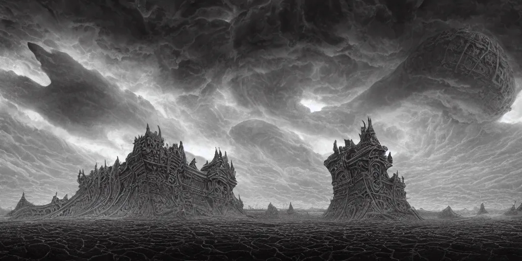 Image similar to a large ominous and geometric very ornate and detailed spaceship, lots of shapes intertwined very large and long floating over a barren dry land with an epic cloud formation on the background by HR GIger, Dariusz Zawadzki, Zdzisław Beksiński, gustave doré, zhuoxin ye, very detailed, octane render, 8k, scary and brooding, scary and dark, canon 24mm lens