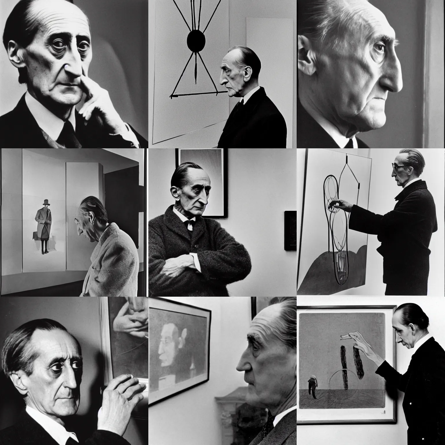 Prompt: Marcel Duchamp gazing at a ready-made object