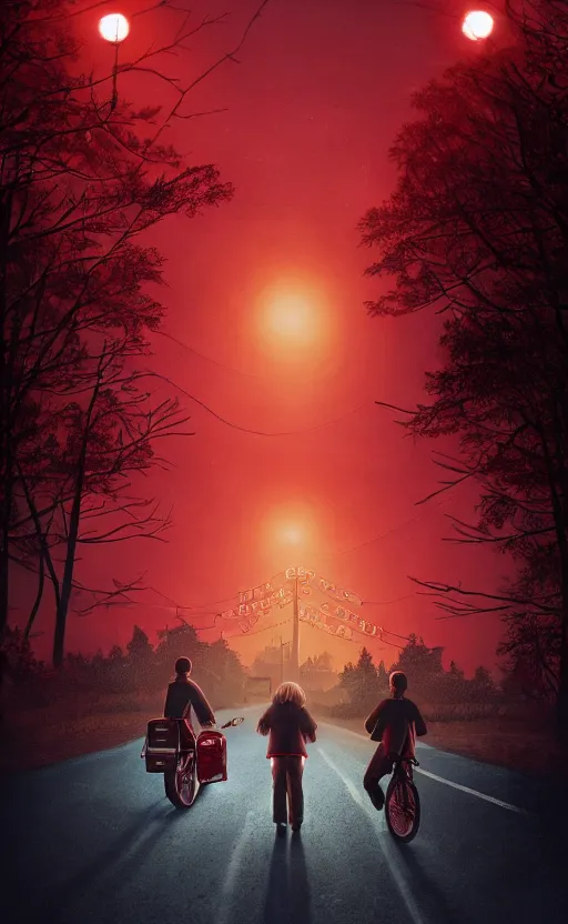 Image similar to stranger things inspired wallpaper, red ambience, at night, creepy over the street in the background, dynamic lighting, photorealistic fantasy concept art, trending on art station, stunning visuals, creative, cinematic, ultra detailed