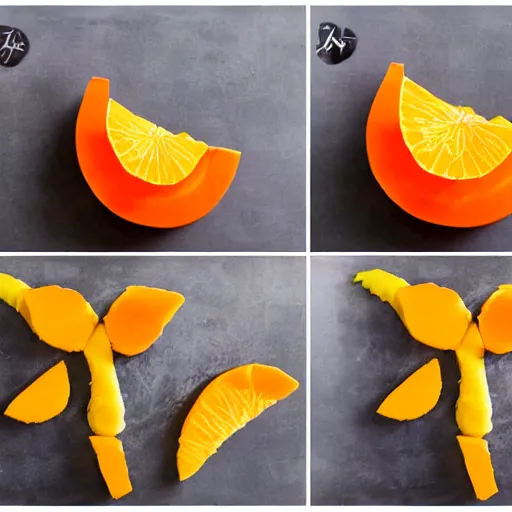 Image similar to making of an edible giraffe from an orange step by step, starting from the firs step, a whole orange, each step is a progression