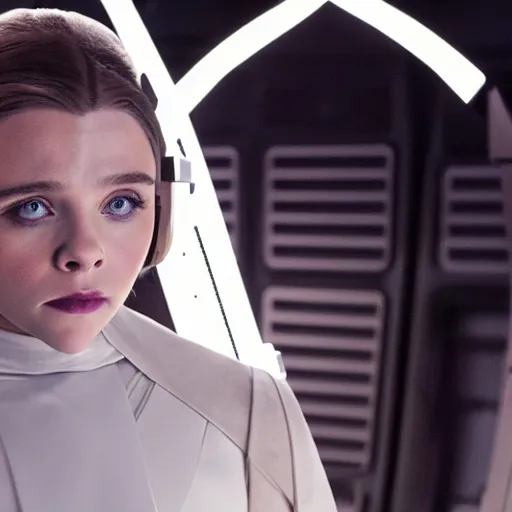 Prompt: Adult Chloe Moretz as Princess Leia, movie scene, DSMC2, 50mm, F1.4, studio lighting, professional, Look at all that detail!, Dolby Vision, UHD