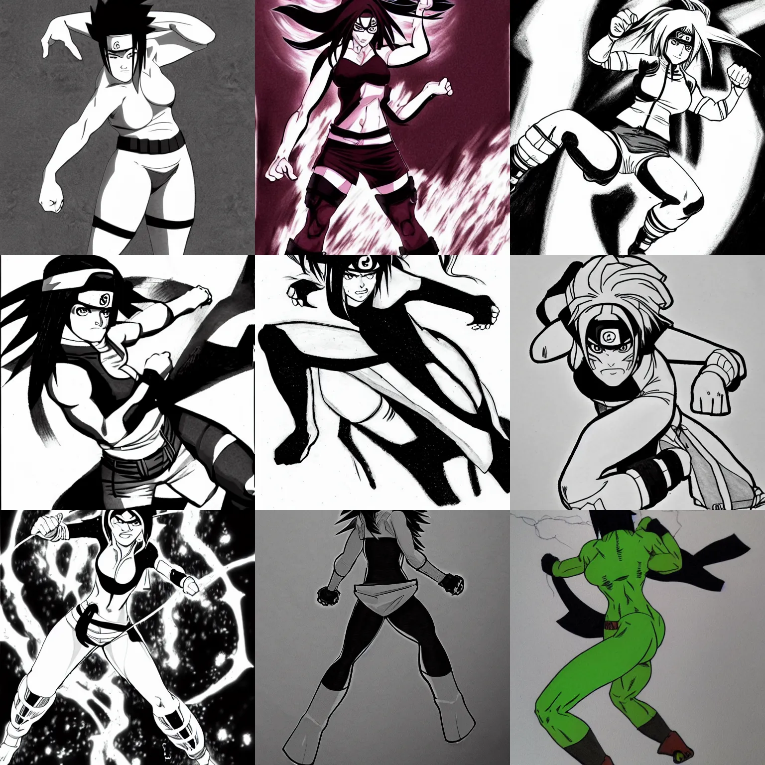 Prompt: shehulk from the hidden leaf village in naruto anime, jojo style pencil and ink manga, full body action pose, dramatic lighting