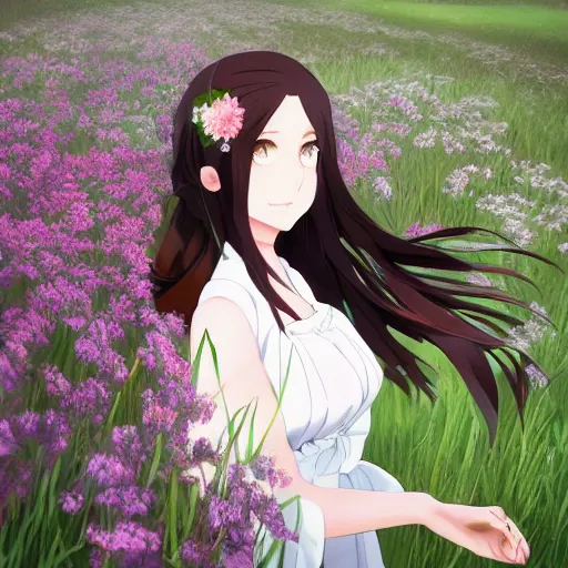 Image similar to a young woman with dark brown hair and green eyes, wearing a white dress, lying in a field of flowers, anime key visual, artstation, kuvshinov ilya