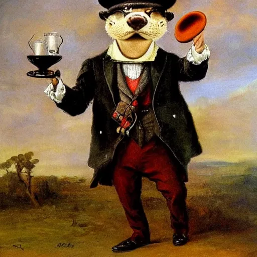 Image similar to anthropomorphic otter wearing a hat, a suit and a monocle, smoking a cigar, oil painting by jan matejko