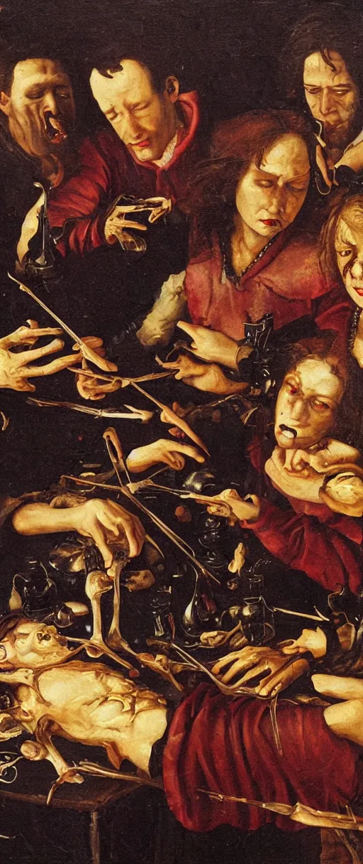 Prompt: renaissance close up studio shot oil painting of vampires at work dissecting a body for dinner