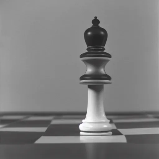 Prompt: chess piece connected to a machine with cables in an empty white room, wide shot, 14mm, f1.4, filmstill by Edward Weston