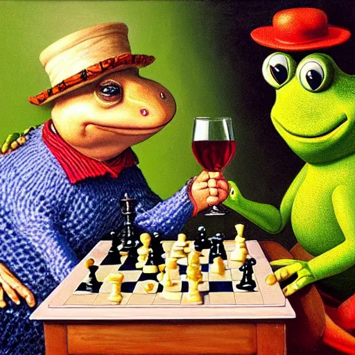 Image similar to mr toad and mr frog drinking wine and playing chess. Painting of toad and frog wearing sweaters by James Gurney.