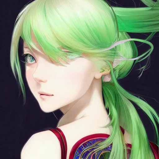 Image similar to adult girl with long light green hair, light green eyes, a small pigtail on the left side, chinese dress, anime style, hyper detailed, illustration, digital painting, art by artgerm and greg rutkowski and alphonse mucha, high delicate defined details, anime stylized, highly detailed, realistic, sharp focus