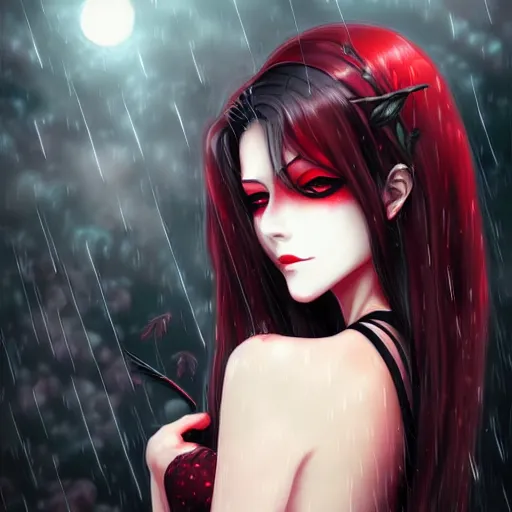 Image similar to beautiful seductive female vampire, in the rain, highly detailed, painting, dark red and black color palette, intricate, high quality anime artstyle, in the style of sana takeda