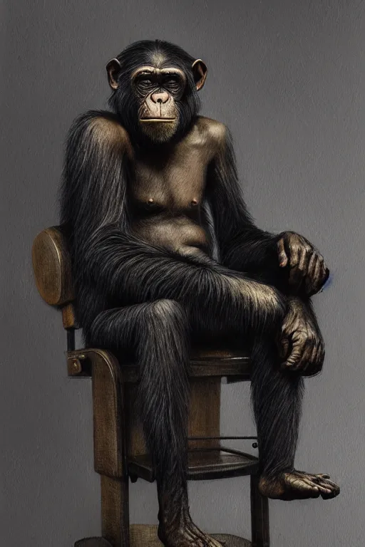 Prompt: portrait of an old chimpanzee dressed as a homeless and seated in the barber shop chair, intricate wrinkles, dystopian sci-fi, evening light, extremely detailed, hands, digital painting, sculpted in zbrush, artstation, concept art, smooth, sharp focus, illustration, chiaroscuro lighting, golden ratio, incredible art by Stanley Artgerm Lau and Greg Rutkowski, composition by Alphonse Mucha and Simon Stalenhag