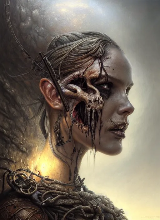 Prompt: closeup portrait shot of a dead warrior in a scenic dystopian environment, intricate, elegant, highly detailed, centered, digital painting, artstation, concept art, smooth, sharp focus, illustration, artgerm, tomasz alen kopera, peter mohrbacher, donato giancola, joseph christian leyendecker, wlop, boris vallejo