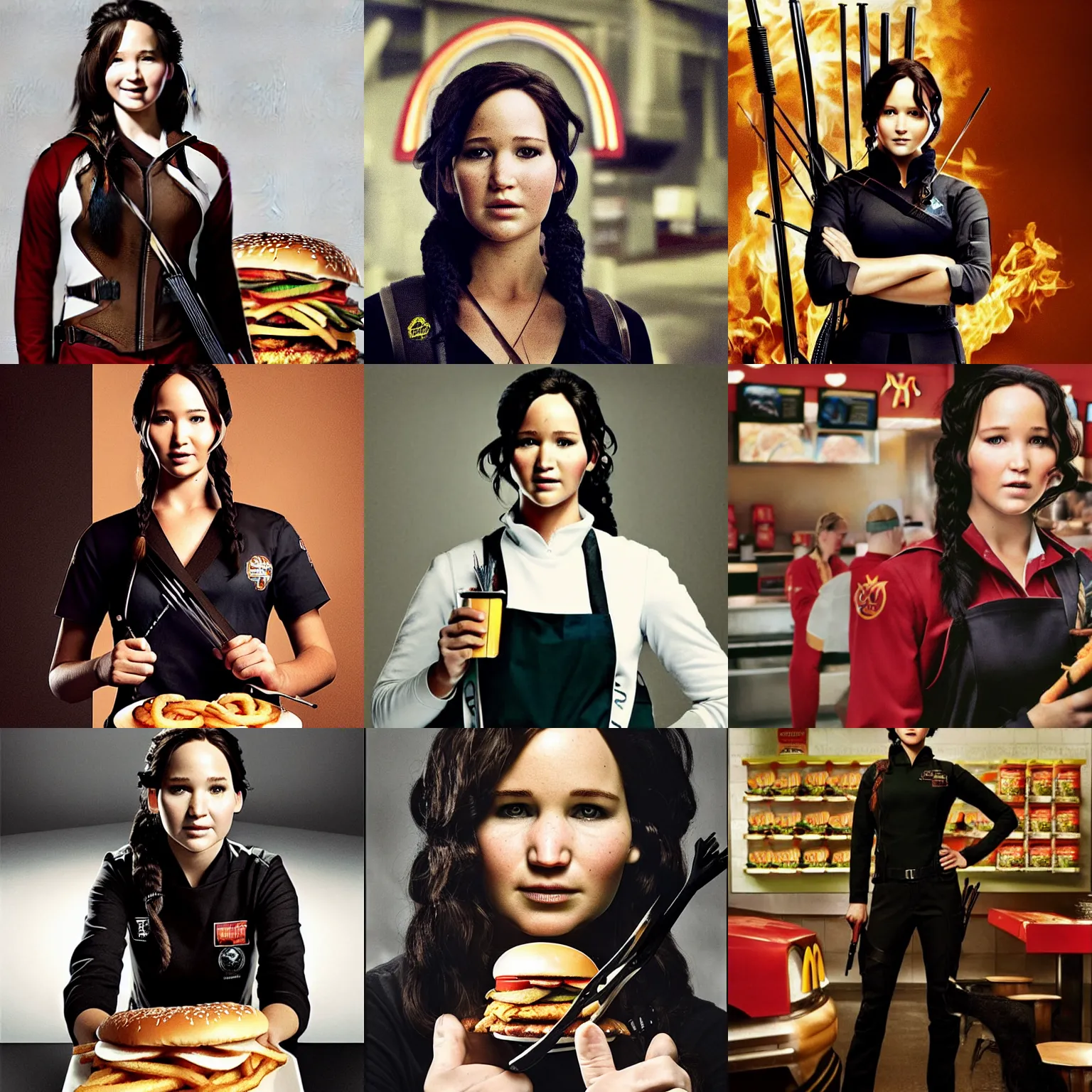 Prompt: katniss everdeen wearing a fast food uniform, serving food at mcdonalds, portrait photography by annie leibovitz