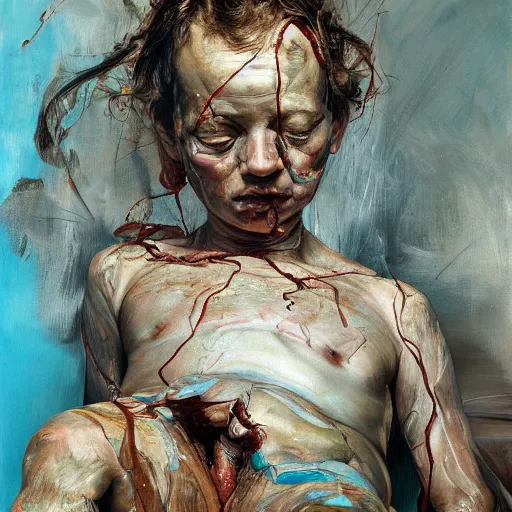 Image similar to high quality high detail painting by lucian freud and jenny saville, hd, madness, turquoise