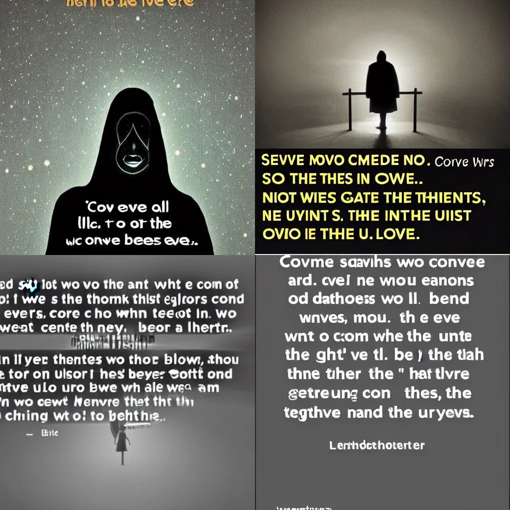 Prompt: saved? no. i've come to tell you what i see. there are great darknesses. farther than time itself. and beyond the darkness... a light that glows, changes... and in the center of the universe... the eye that sees us all. no!