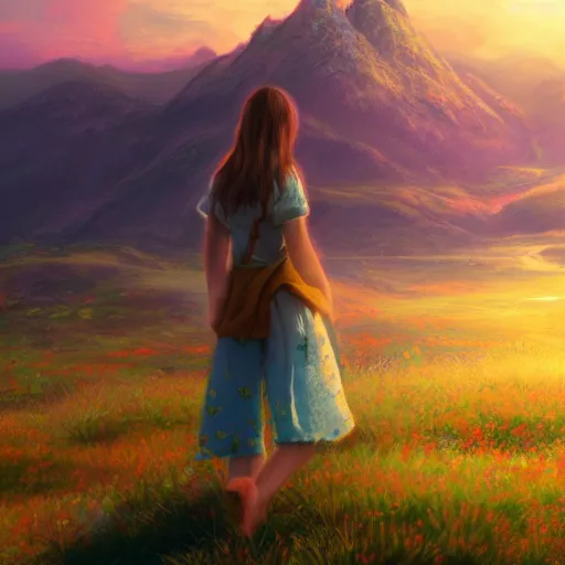 Prompt: highly detailed landscape, artstation style, artstation form, a girl stood in the blossoming sunset valley, pondering the mountains in the distance. peaceful pastel palette, matte painting