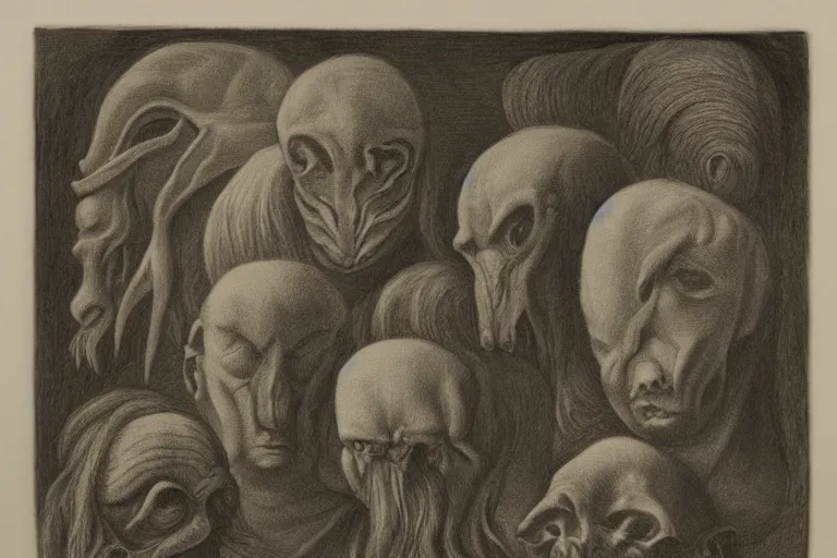Image similar to portrait mezzotint of a group of mythical monsters and beasts in a squishy style