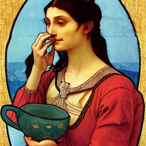 Image similar to a beautiful arrogant surreal greek lady drinking tea looking disdained, rennaisance painting, by leonardo da vinci and alphonse mucha
