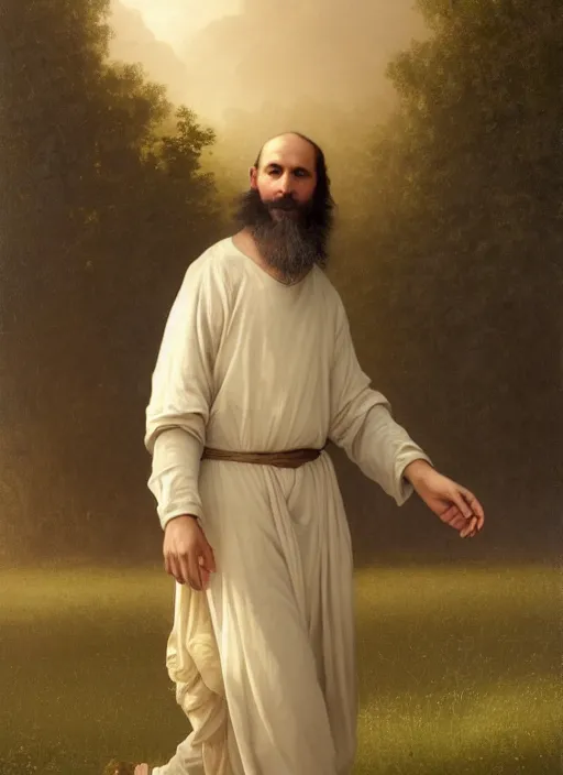 Image similar to oil painting portrait of a dominican monk with a long beard in a white and brown habit, striding dancing through a flourishing garden at sunset with a monastery in the background, hazy, digital art, chiaroscuro, artstation, cinematic, golden hour, digital art painting by greg rutkowski, william - adolphe bouguereau, hazy atmosphere, flowers, cinematic lighting