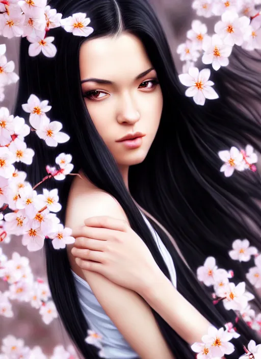 Prompt: photo of a gorgeous female with long black hair in the style of stefan kostic, realistic, full body shot, sharp focus, 8 k high definition, insanely detailed, intricate, elegant, art by stanley lau and artgerm, cherry blossoms