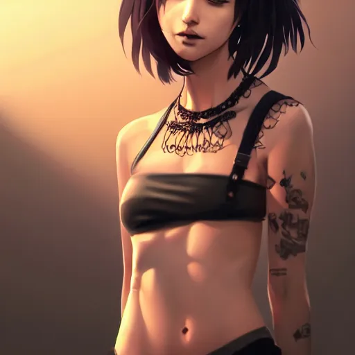 Image similar to torso shot of a beautiful punkrock woman in crop top, art by saruei and guweiz and ilya kuvshinov, digital art, highly detailed, intricate, sharp focus, trending on artstation hq, deviantart, pinterest, unreal engine 5, 4 k uhd image