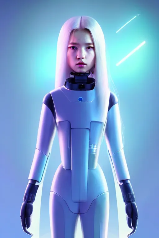 Image similar to perfect family android women dressed with explorer suit, artgem, scifi, futuristic design, bae suzy, long white hair!!!, blue eyes,, full body character design, cinematic lighting, highly detailed, artstation, divine, by huifeng huang, beeple, goro fujita, smooth gradient.