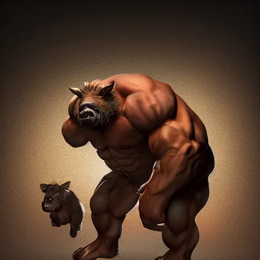 Image similar to boar - man hybrid, body builder body, furry body, hyper detailed, digital art, trending in artstation, cinematic lighting, studio quality, smooth render, unreal engine 5 rendered, octane rendered, art style by klimt and nixeu and ian sprigger and wlop and krenz cushart