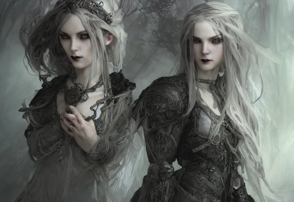 Image similar to beautiful and gothic and evil and dieselpunk young medieval light grey hair female knight + smoky eyes + front face with light flowing hair, ultradetail face, art and illustration by tian zi and craig mullins and wlop and alphonse mucha, fantasy, intricate complexity, human structure, human anatomy, fantasy character concept, watermark, blurry, hyperrealism 8 k