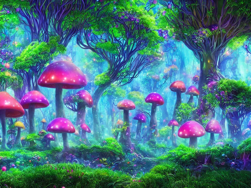 Prompt: a beautiful otherworldly fantasy landscape of giant luminous mushroom trees forming canopies, bright colorful magical mythical sprouted floral plants with pixie dust hovering with them and colorful foliage on the ground, like alice in wonderland, extreme detail, studio ghibli and pixar and abzu, rendering, cryengine, deep color, blue and green and purple bioluminescent