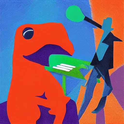 Image similar to “dinosaur singing karaoke detailed trex happy concert minimalism Edward Cooper Matisse digital art oil painting”
