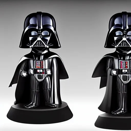 Prompt: artstation darth vader bobble head, small but (fierce) funny, placed on a shelf in a collector's mirrored highly polished display with other figures, very detailed, high contrast, funny, pop, pop art, unreal engine 5