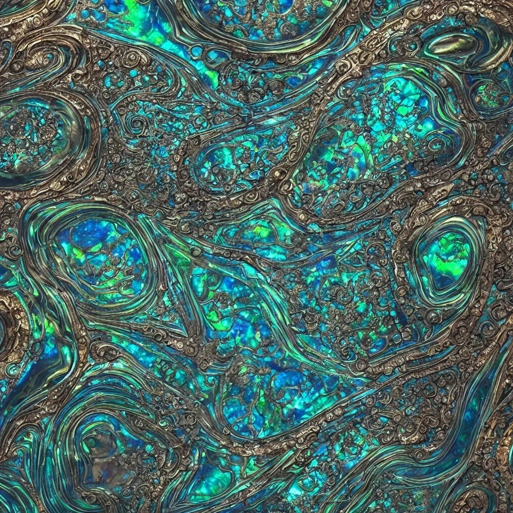 Image similar to Art Nouveau cresting oil slick waves, hyperdetailed bubbles in a shiny iridescent oil slick wave, black opal, abalone, paua shell, ornate copper patina medieval ornament, rococo, oganic rippling spirals, octane render, 8k 3D