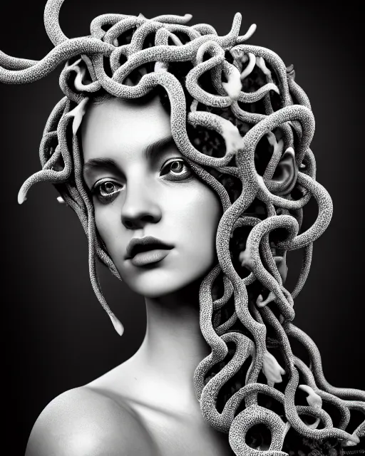 Image similar to surreal mythical dreamy artistic black and white fine art photo of a beautiful young female medusa - cyborg covered with fish scales and algae, highly detailed, intricate crystal ivy jelly fish scales ornate, poetic, octane render, 8 k, photo - realistic