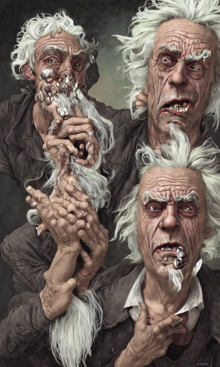 Prompt: hyper realistic grotesque portrait of an old drunk rick sanchez, from rick and morty, white hair, interdimentional portal in the background by lee bermejo, alphonse mucha and greg rutkowski