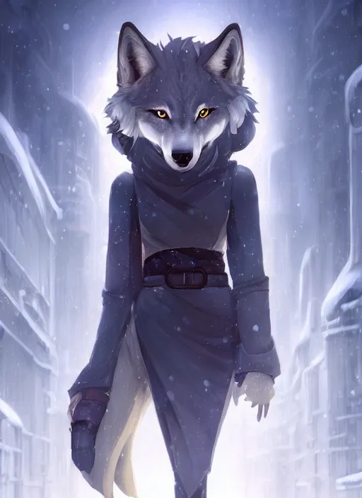 Image similar to beautiful portrait of a female anthro wolf fursona wearing jedi robes in a snow cyberpunk city. character design by charlie bowater, ross tran, artgerm, and makoto shinkai, detailed, soft lighting, rendered in octane