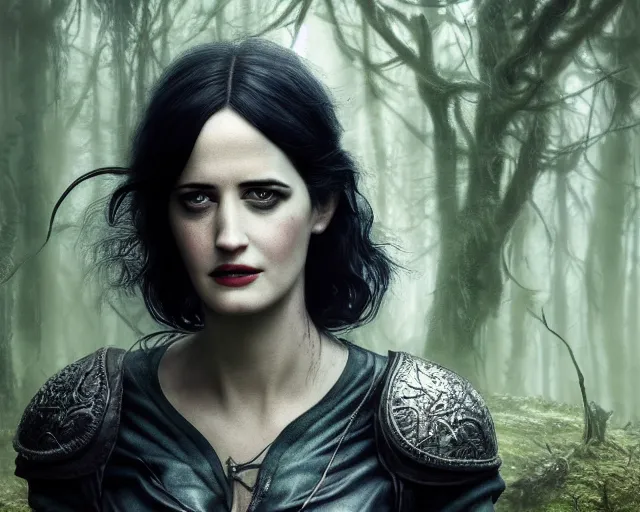 Image similar to 5 5 mm portrait photo of a real life tough looking eva green as ciri in leather armor with silver hair and a large scar along her left cheek, in a magical forest. dark atmosphere. art by greg rutkowski. highly detailed 8 k. intricate. lifelike. soft light. nikon d 8 5 0.