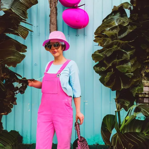 Image similar to a photo of a woman in cyan and pink overalls