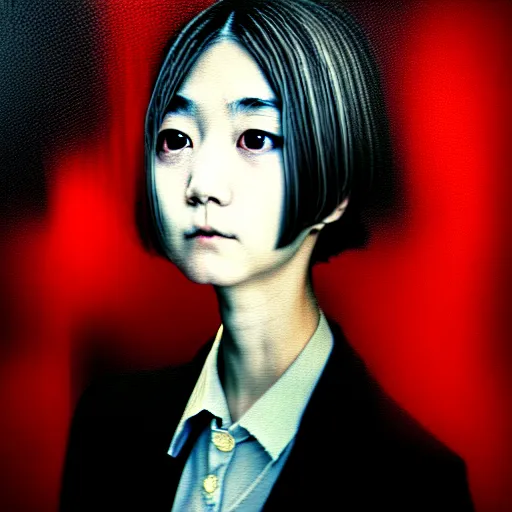 Image similar to yoshitaka amano blurred and dreamy realistic three quarter angle portrait of a young woman with short hair and black eyes wearing office suit with tie, junji ito abstract patterns in the background, satoshi kon anime, noisy film grain effect, highly detailed, renaissance oil painting, weird portrait angle, blurred lost edges