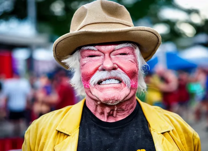 Image similar to photo still of rip taylor at vans warped tour!!!!!!!! at age 6 3 years old 6 3 years of age!!!!!!! throwing bees at a crowd, 8 k, 8 5 mm f 1. 8, studio lighting, rim light, right side key light