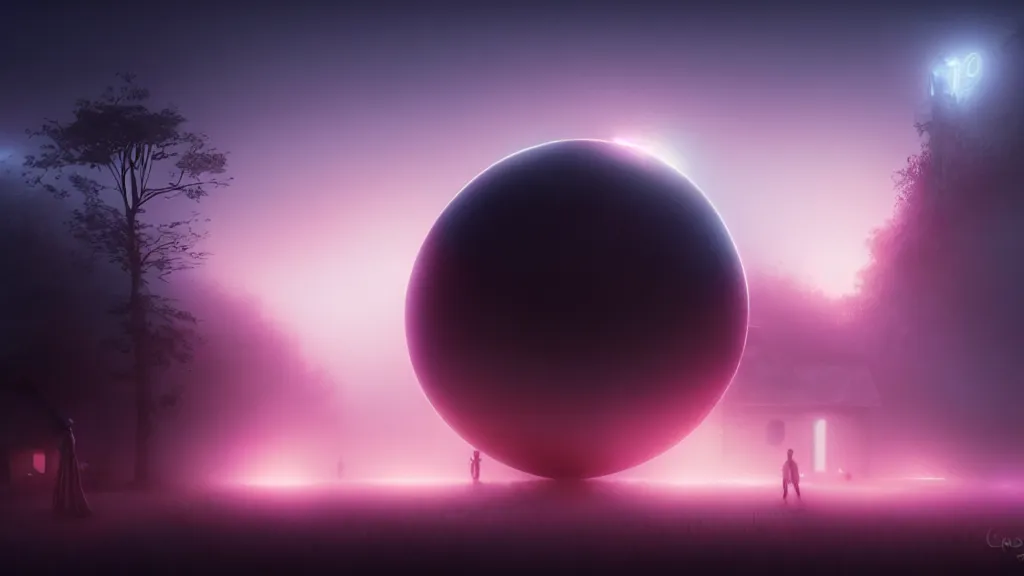 Image similar to thin luminous threads stretch from a black sphere that is in the sky above a small village with many houses in the fog, fog, volumetric lighting, mystique, atmospheric, sharp focus, ultra detailed, ross tran, thierry doizon, kai carpenter, ignacio fernandez rios, noir art house, 4 k, 3 5 mm