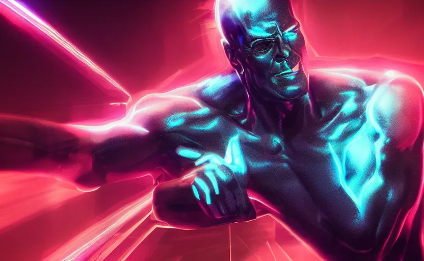 Image similar to silver surfer by bill sienkiewicz, stellar, hiperrealistic neon glow darkness dramatic neon, sharp focus, octane render, imax