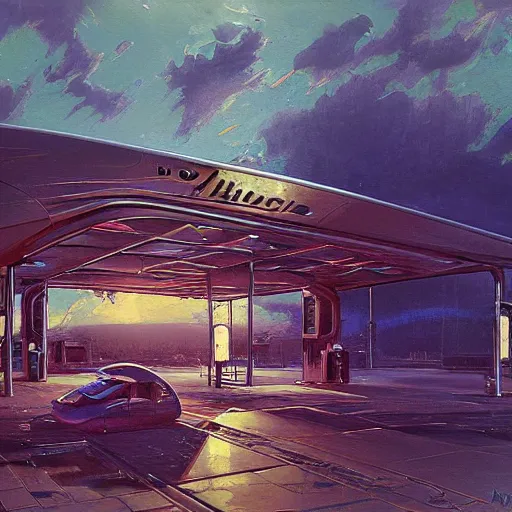 Image similar to portrait painting of syd mead artlilery scifi organic shaped gas station with ornate metal work lands on a farm, fossil ornaments, volumetric lights, purple sun, andreas achenbach