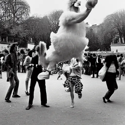 Prompt: 3 5 mm photograph of the funky chicken dancing in the luxembourg gardens, paris ( 1 9 7 8 )