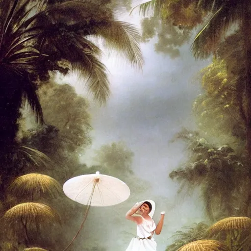 Image similar to monsoon on tropical island, oriental goddess in white, elegant, frontal, ornate, beautiful, atmosphere, vibe, mist, coconuts, rain, wet, pristine, puddles, melting, dripping, snow, creek, lush, ice, bridge, forest, roses, flowers, by stanley artgerm lau, greg rutkowski, francisco de goya