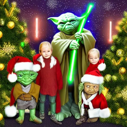 Prompt: Yoda christmas family photo, 4k, ultra detail